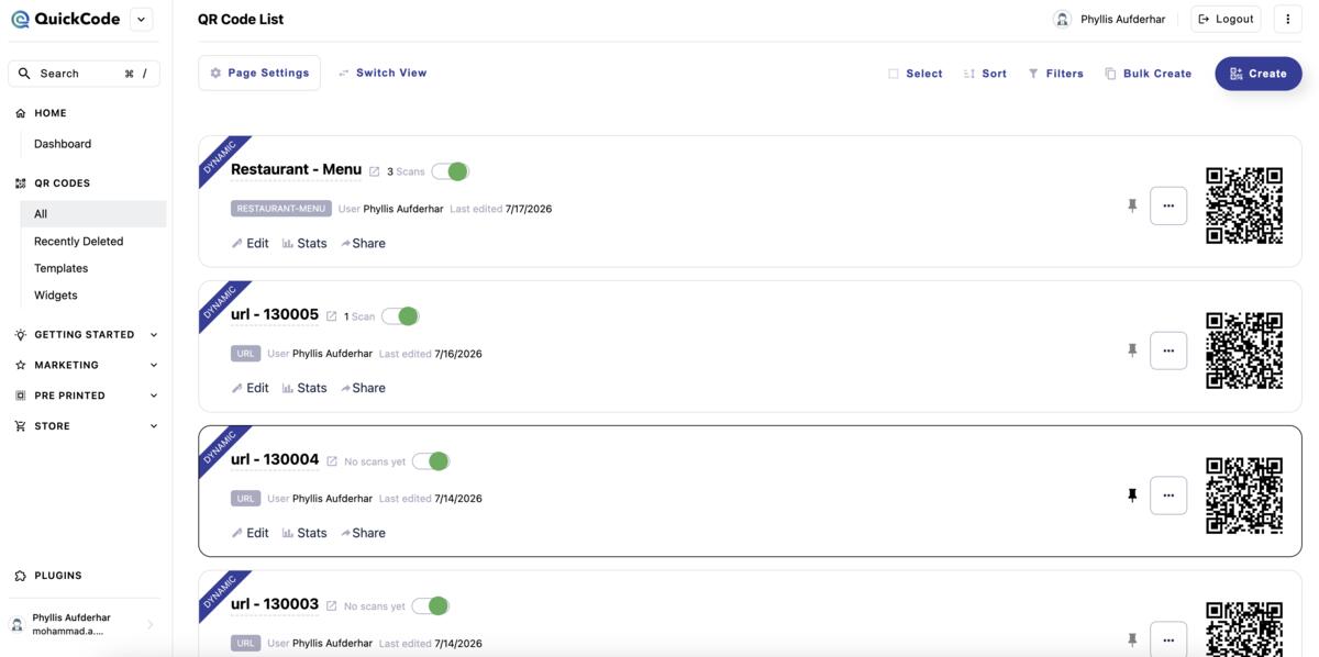 Quick Code QR Code Generator QR code dashboard screenshot
