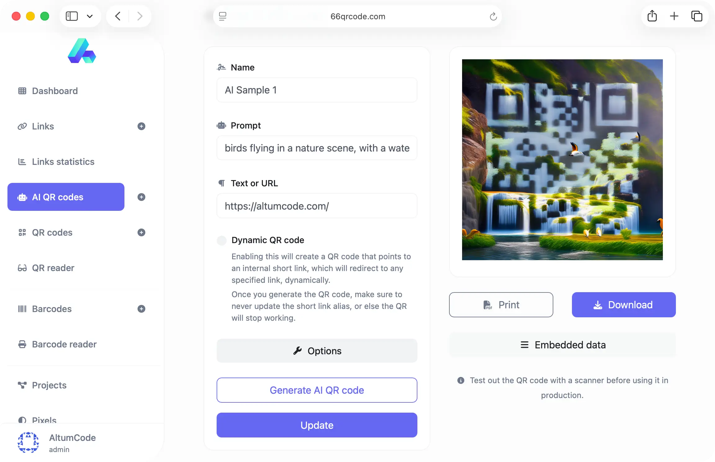 66qrcode interface showing the AI QR code generation page