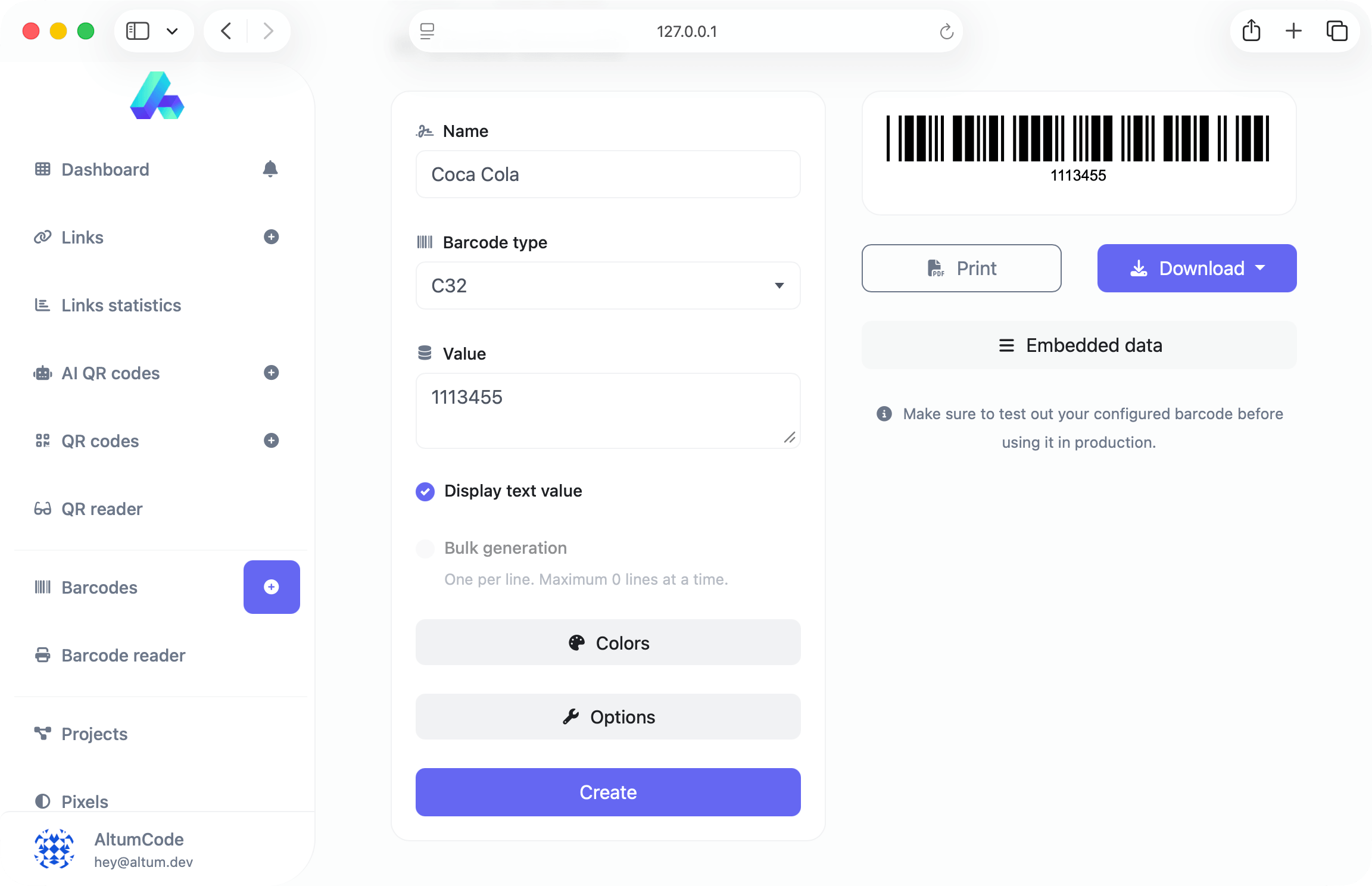 66qrcode barcode generator page displaying the input fields and result barcode image