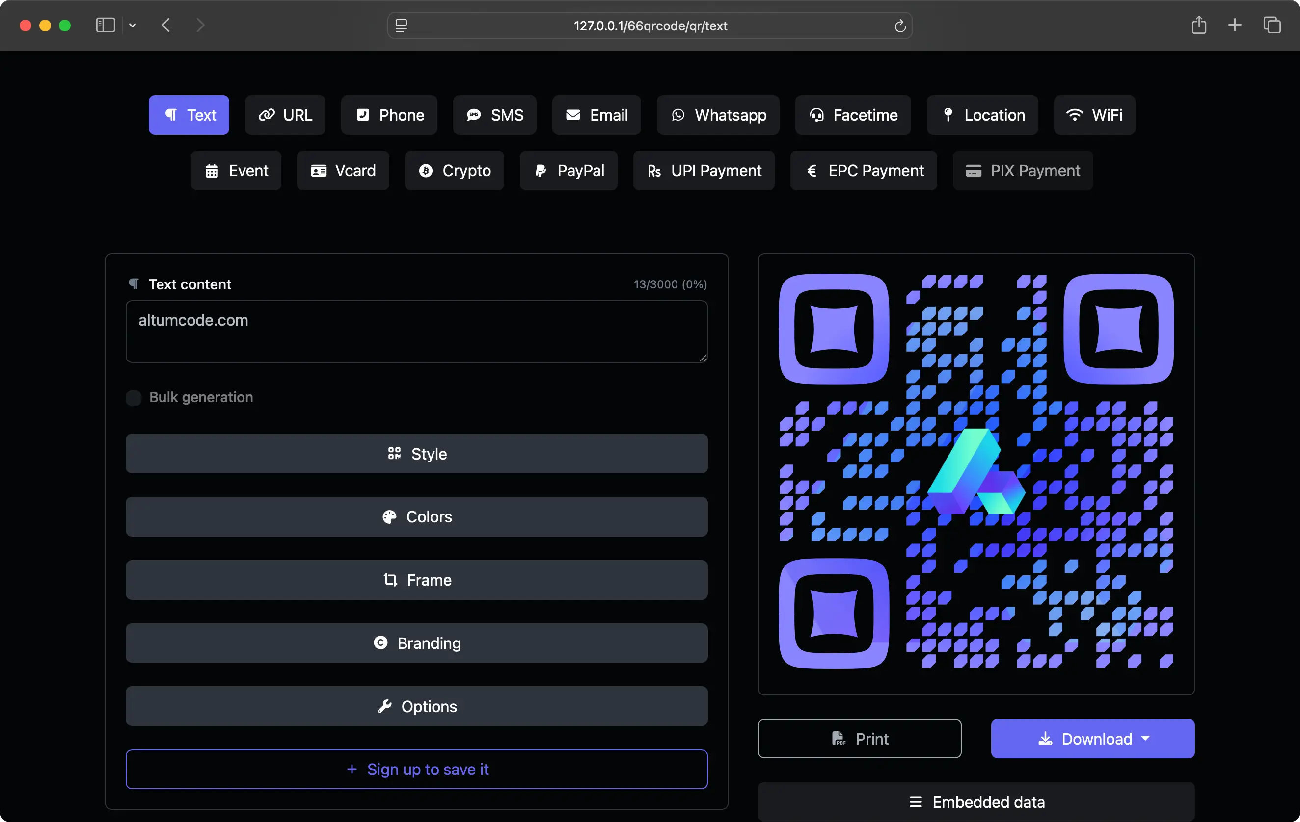 66qrcode dashboard showing the QR code generation form