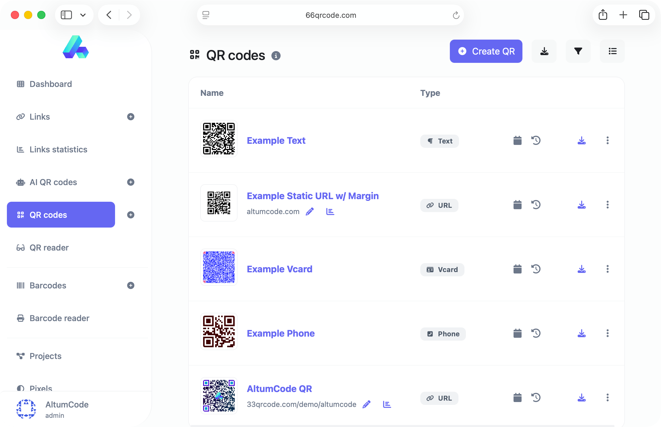 66qrcode dashboard showing the QR code generation form