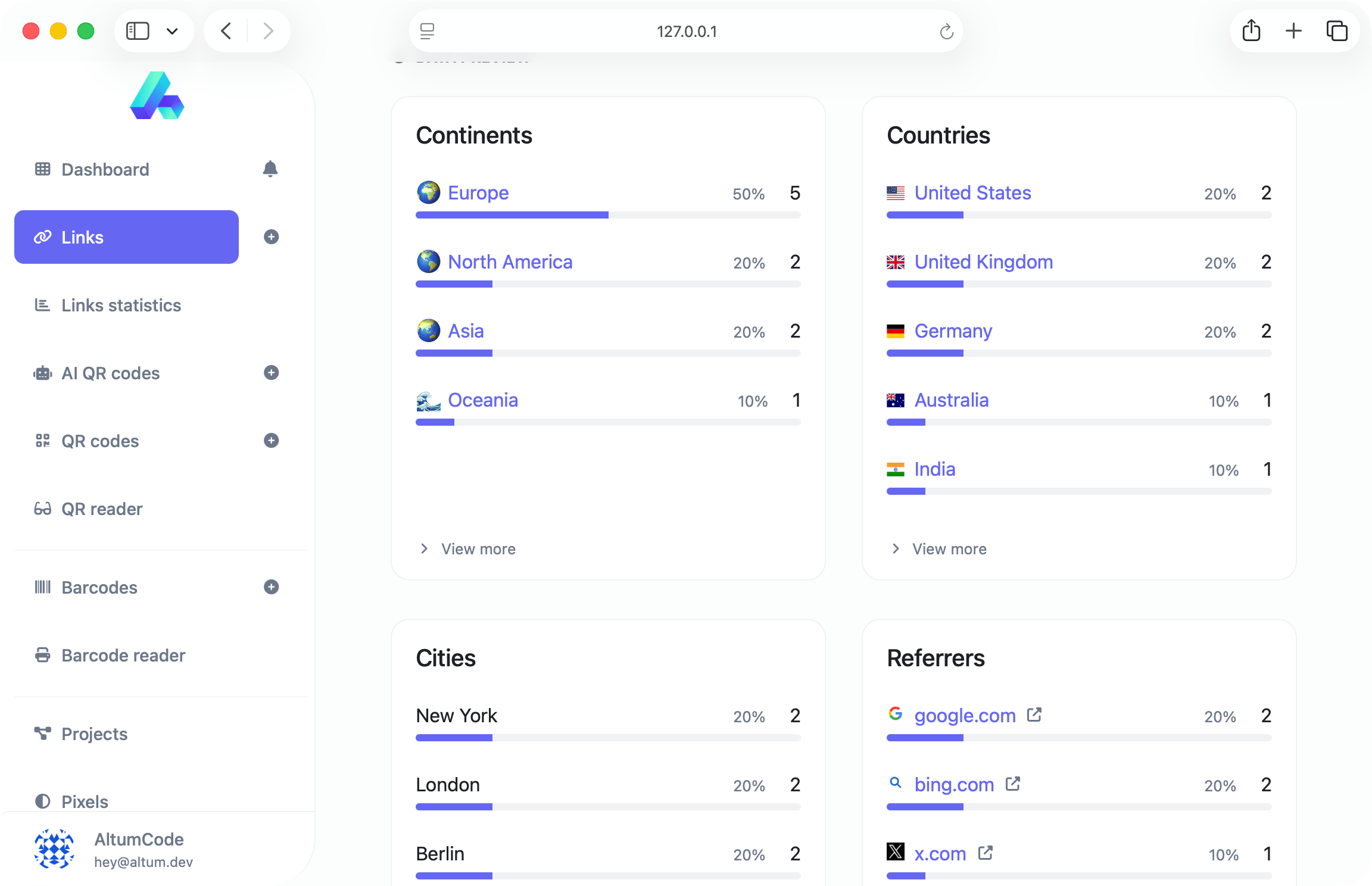 66qrcode system showing link tracking analytics and stats data