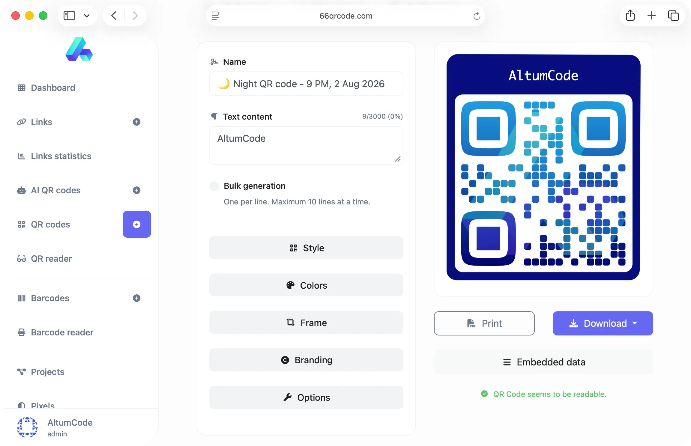 66qrcode dashboard showing the advanced QR code generator