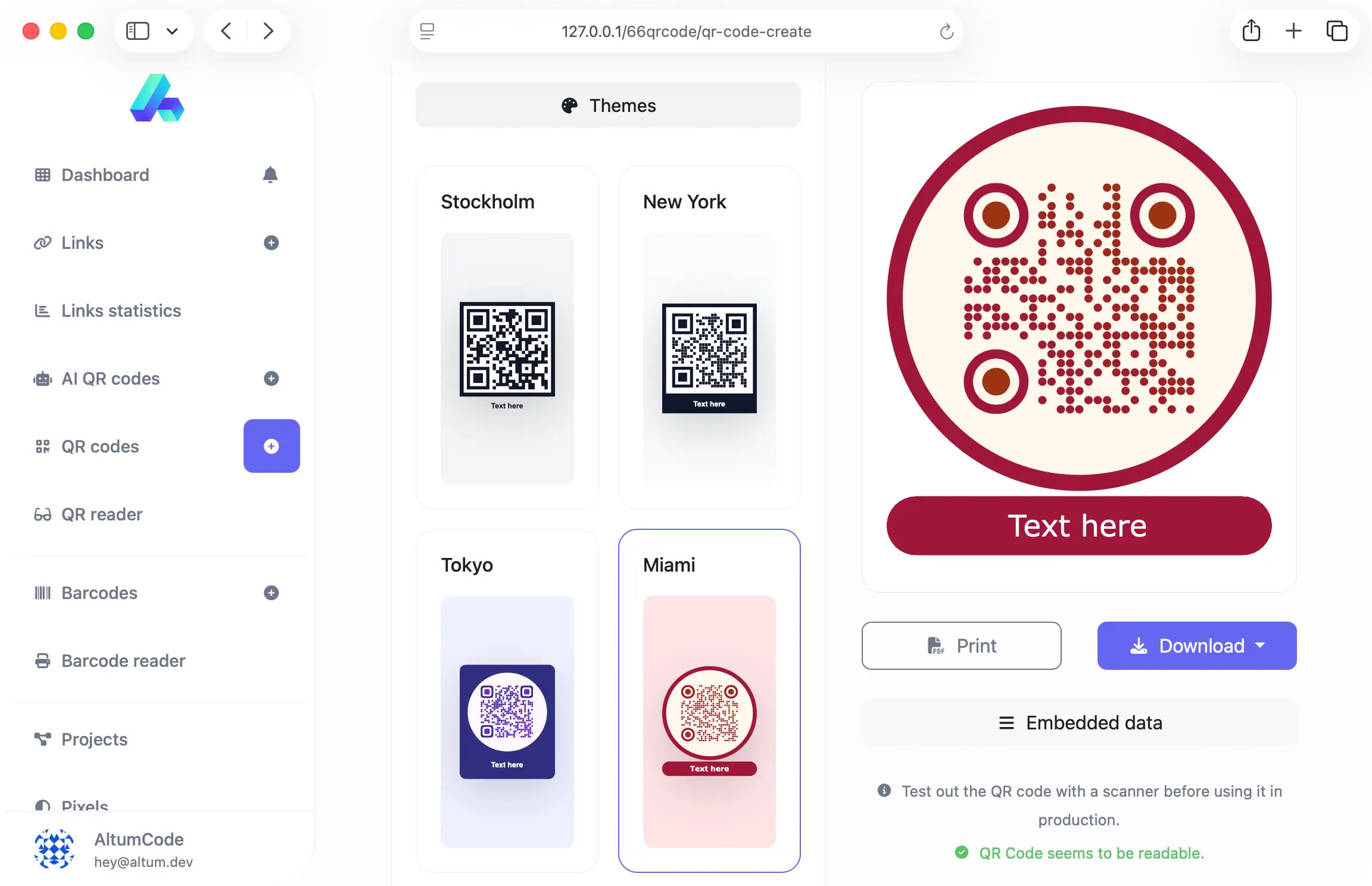 66qrcode QR code generator showing 48 ready-made QR code themes and styles