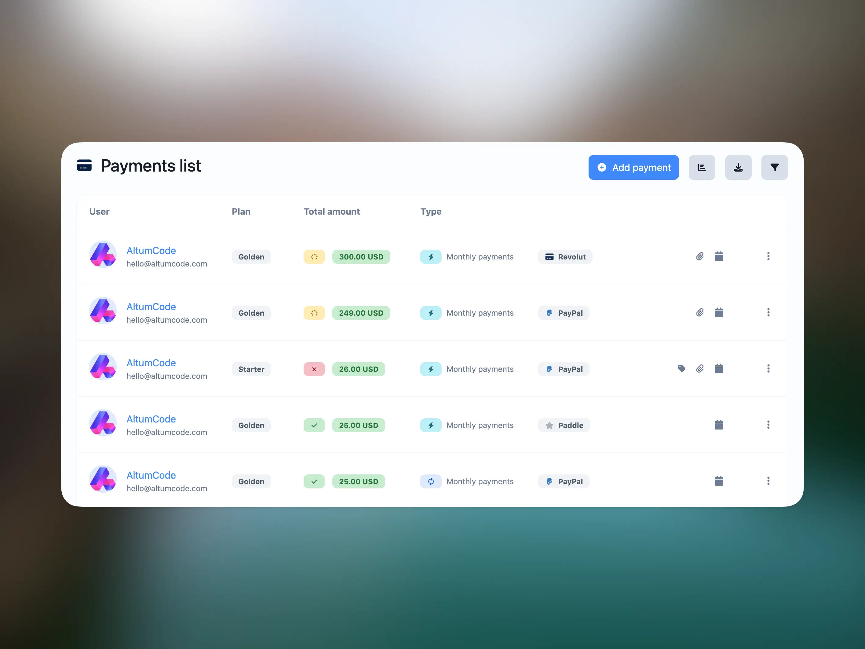 66qrcode admin panel showing the last payments through the SaaS extended license